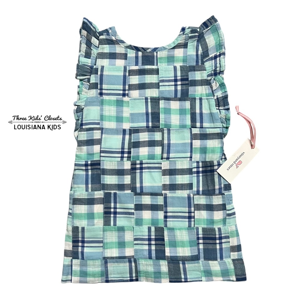 NEW Vineyard Vines 3T Crystal Blue Madras Plaid Flutter Sleeve Dress